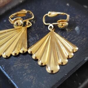 Vintage Gold Color Hinge Fastener Clip-On Earrings - 1980s Bold Glamour